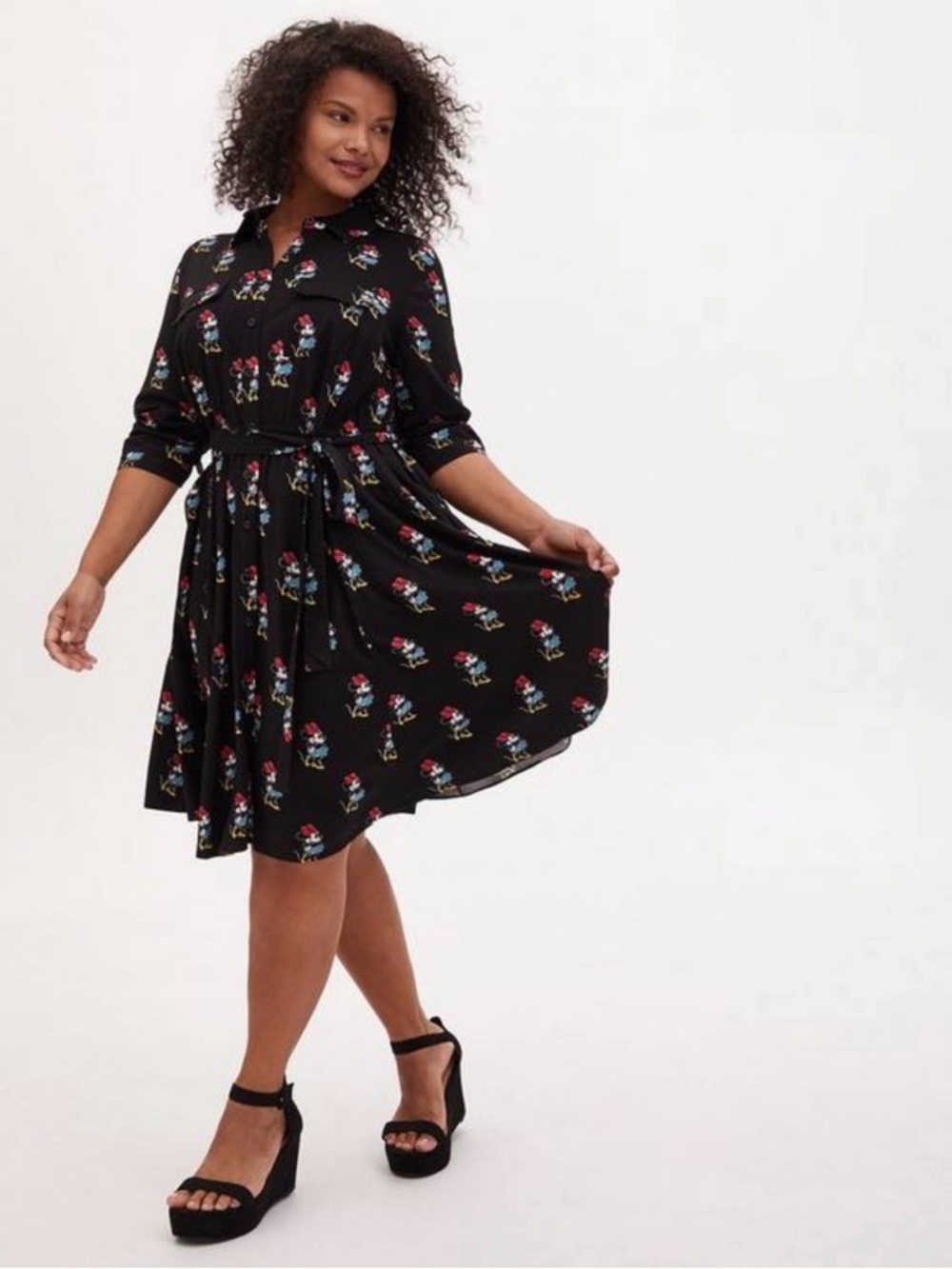 Disney Minnie Mouse Black Challis Self Tie Shirt Dress